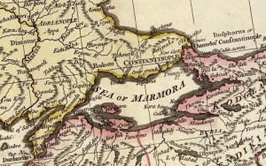 Marmara Denizi ve çevresini gösteren haritada "Rodosto" ve"Tekkuir Dag"(Tekir Dağ) isimleri belirtilmiştir, 1785
